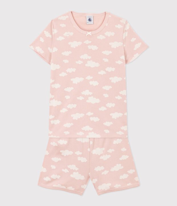Kinder-Kurzpyjama aus Baumwolle mit Wolkenmotiv f&uuml;r M&auml;dchen rosa/weiss