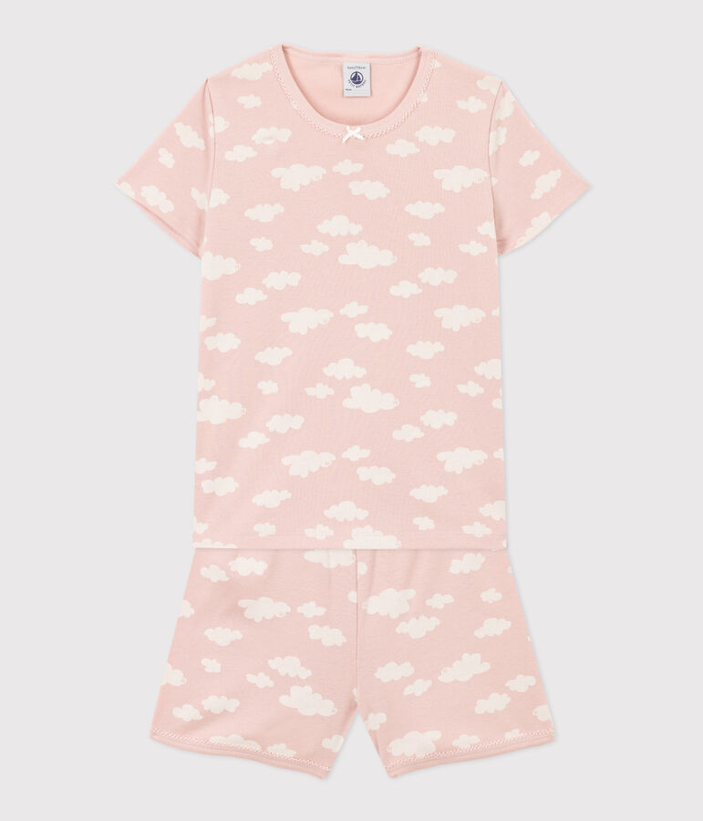 Kinder-Kurzpyjama aus Baumwolle mit Wolkenmotiv f&uuml;r M&auml;dchen rosa/weiss