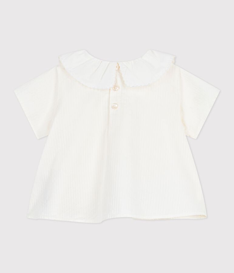 Kurz&auml;rmelige Baby-Bluse aus einfarbigem Baumwoll-Popeline weiss MARSHMALLOW