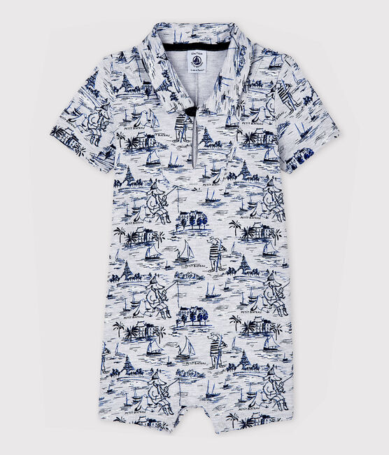 Gemusterter Baby-Kurzoverall aus Molton für Jungen grau POUSSIERE/blau SMOKING