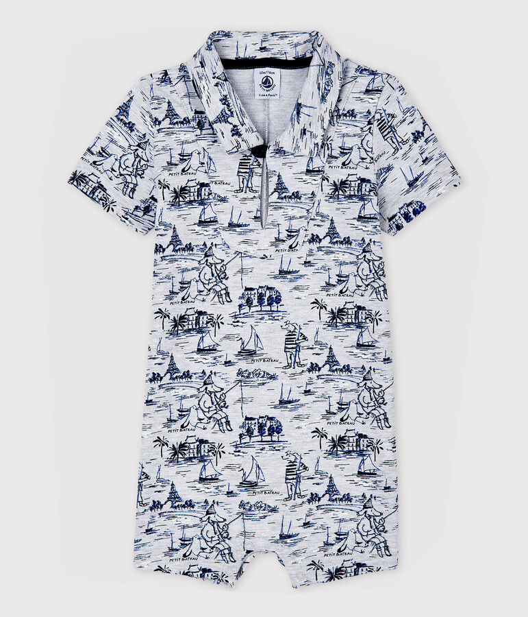 Gemusterter Baby-Kurzoverall aus Molton f&uuml;r Jungen grau/blau