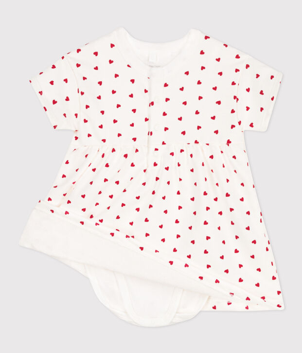 Babykleid aus Molton mit integriertem Body weiss/rot