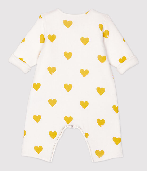 Langer Baby-Overall aus Bio-Baumwolle mit gelben Herzen f&uuml;r M&auml;dchen weiss/gelb