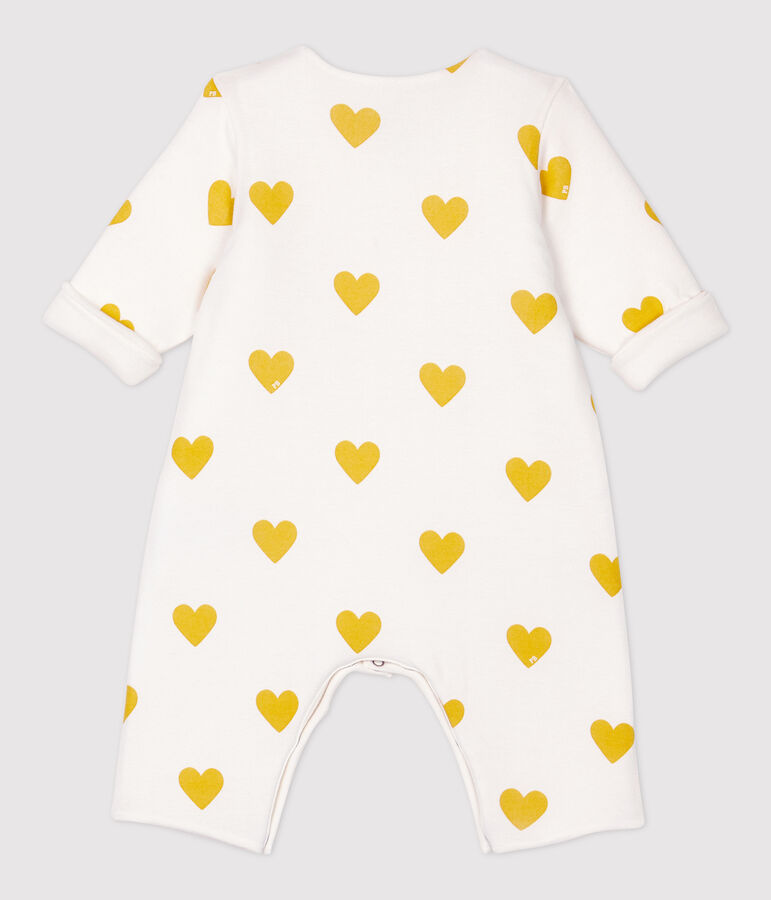 Langer Baby-Overall aus Bio-Baumwolle mit gelben Herzen f&uuml;r M&auml;dchen weiss/gelb