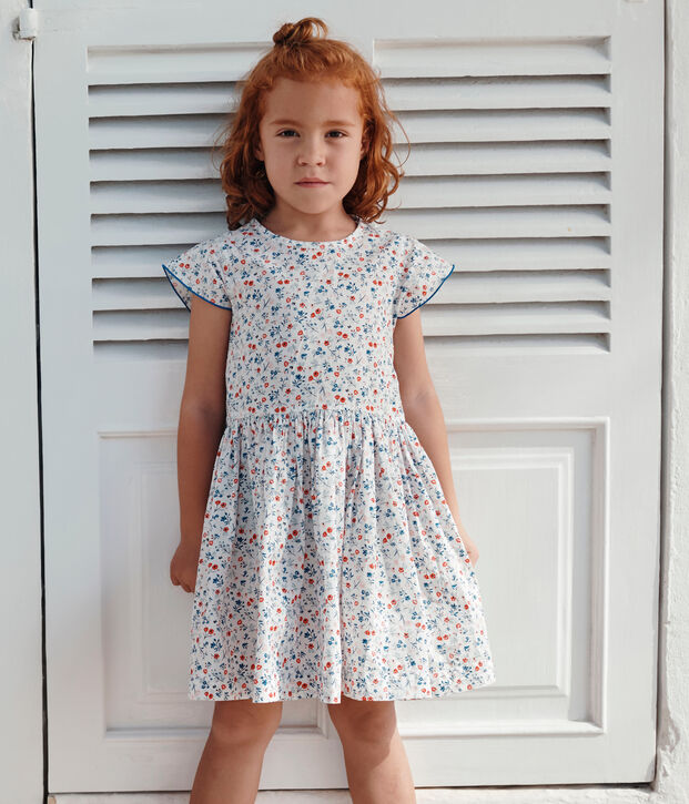 Kurz&auml;rmeliges Kinder-Kleid aus Baumwolle mit Bl&uuml;mchen weiss/vielfarbig