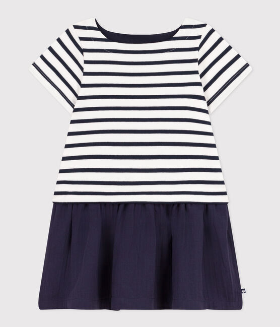 Kurzärmeliges Kleid aus dickem Jersey und Baumwollgaze, Kinder/Mädchen weiss MARSHMALLOW/blau SMOKING