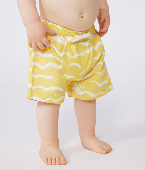 Baby-Badeshorts mit Haimotiven gelb/weiss