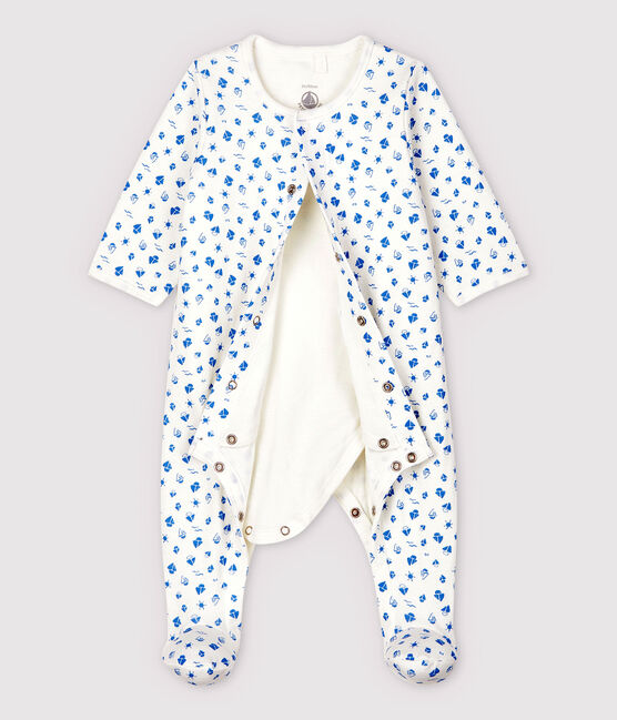 Gemusterter Baby-Bodyjama mit Boot-Motiv, aus Doppeljersey aus Bio-Baumwolle weiss MARSHMALLOW/blau COOL