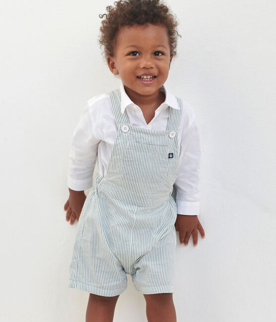 Kurzbeinige Baby-Latzhose aus Baumwolle mit Streifen weiss MARSHMALLOW/blau BRUT