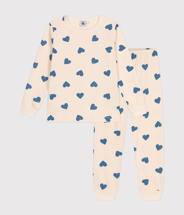 Kinder-Pyjama aus aufgerautem Molton mit Herzmuster blau/blau