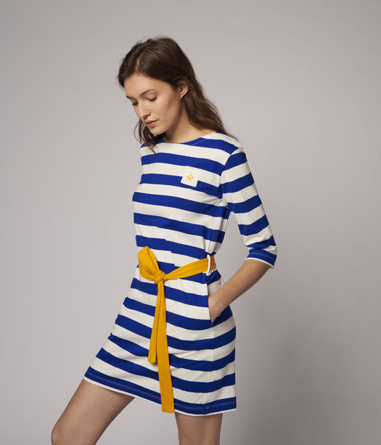 Langärmeliges, gestreiftes Damen-Kleid blau SURF/weiss MARSHMALLOW