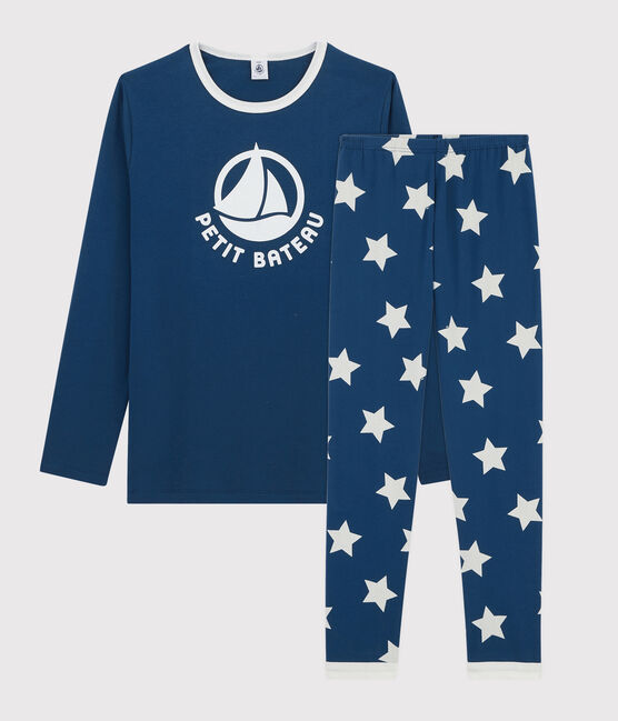 Kinderpyjama aus Rippstrick mit Sternen blau MAJOR/weiss ECUME