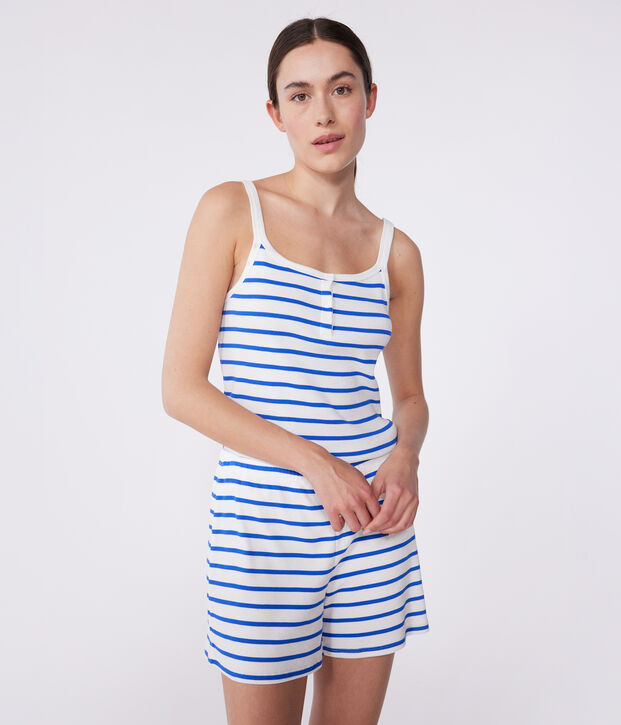 Damen-Kurzpyjama mit feinen Tr&auml;gern aus gestreifter Baumwolle weiss/blau