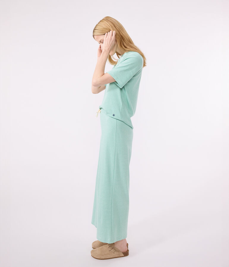 Damen-Pyjama aus Baumwolle mit weiten Beinen und Streifen gr&uuml;n/weiss