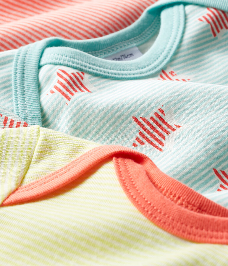 Trio kurz&auml;rmelige Baby-Bodys vielfarbig