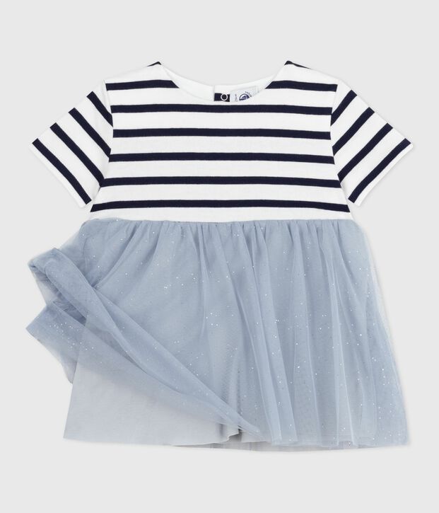 Kurz&auml;rmeliges Baby-Kleid aus zwei Stoffen blau/vielfarbig