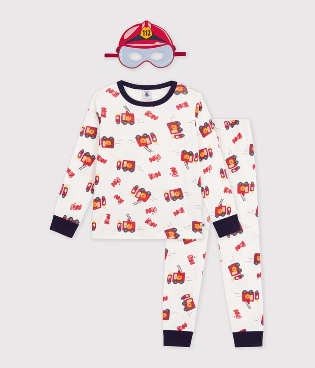 Kinder-Pyjama zum Verkleiden mit Feuerwehrmotiv aus Baumwolle weiss/vielfarbig