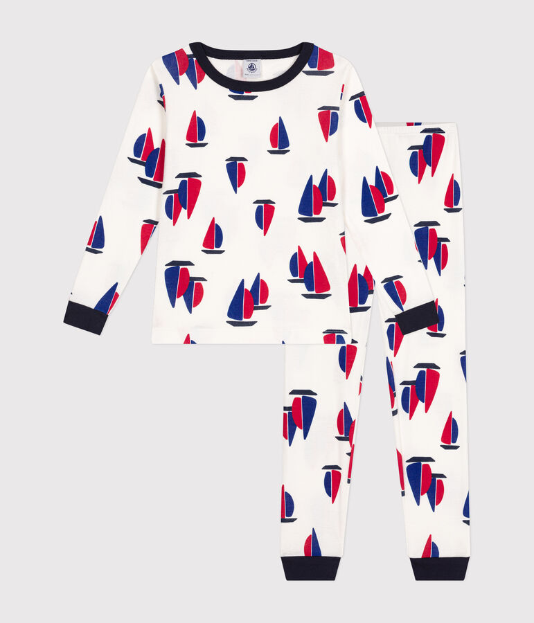 Eng anliegender Kinder-Pyjama aus Baumwolle mit Schiffchen-Motiv weiss/vielfarbig