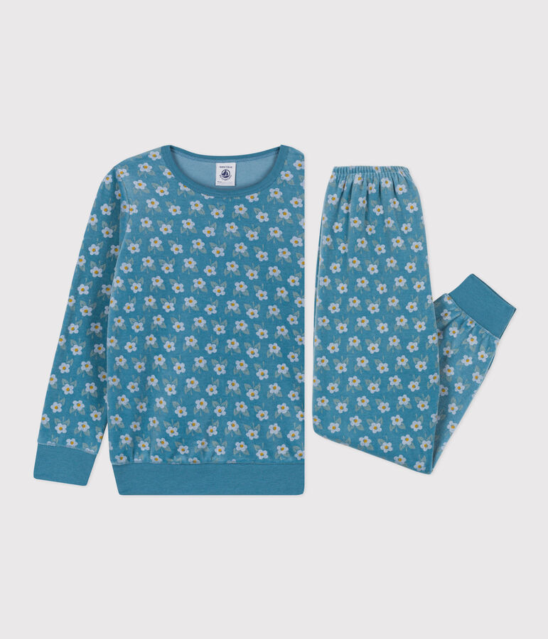 Kinderpyjama aus Nicki mit Blumenmotiv f&uuml;r M&auml;dchen blau/vielfarbig