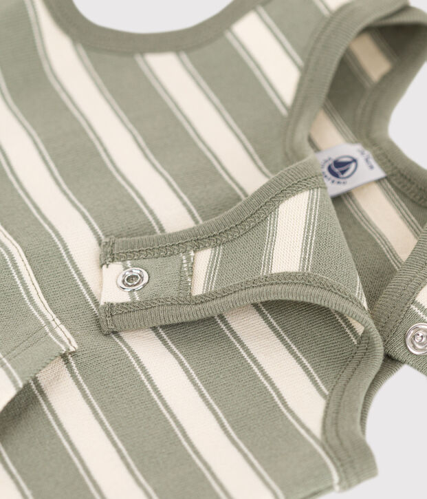 &Auml;rmelloser Baby-Kurzoverall aus dickem gestreiftem Jersey gr&uuml;n/naturfarben