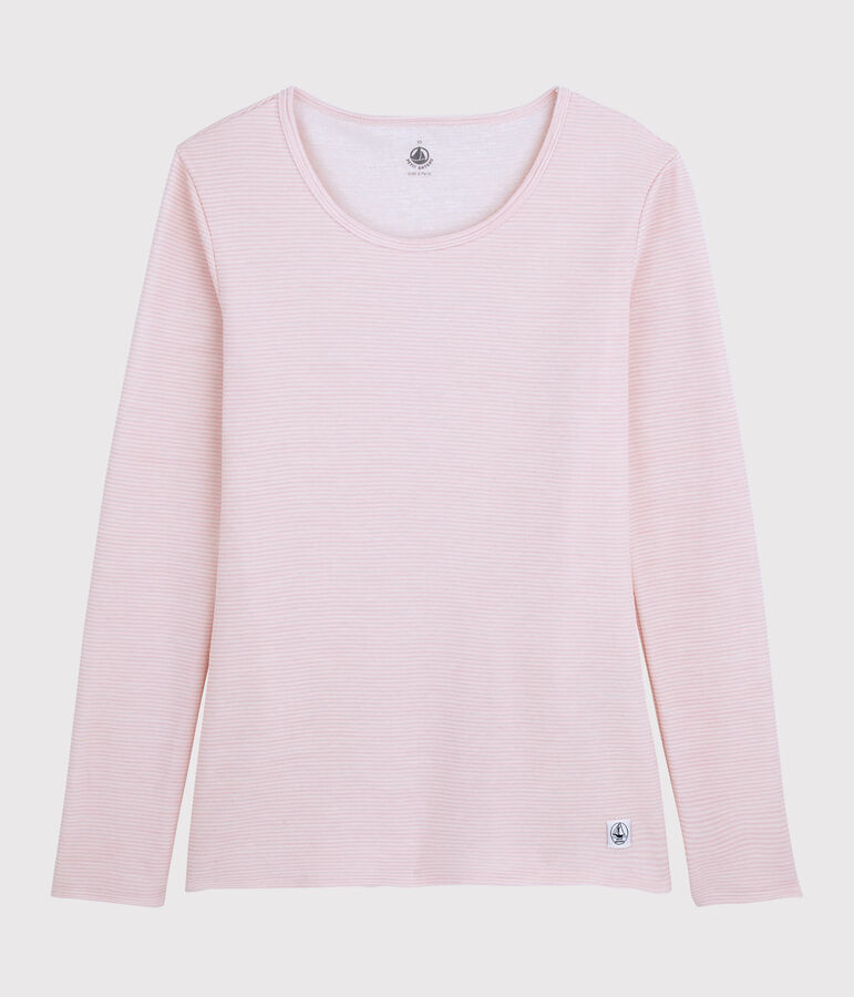 Damen-T-Shirt aus Wolle und Baumwolle rosa CHARME/weiss MARSHMALLOW