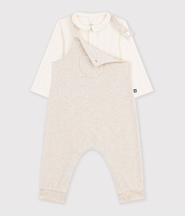 Baby-Set Latzhose und Body mit Kragen aus einfarbiger Baumwolle naturfarben/naturfarben