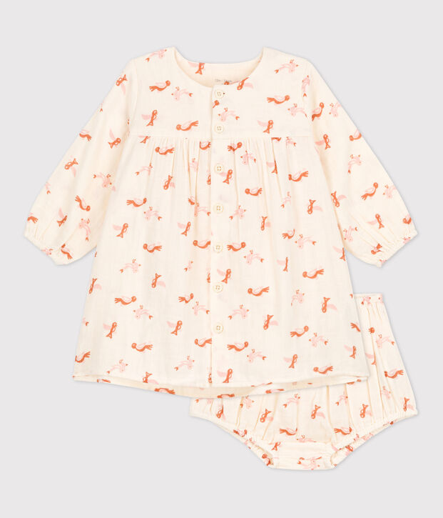Babykleid mit Bloomers aus Musselin mit Vogelmotiv naturfarben/vielfarbig