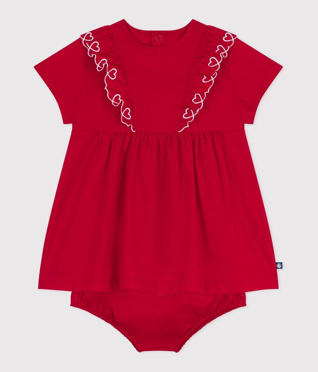 Kurz&auml;rmeliges Babykleid aus einfarbiger Baumwolle und dazu passender Bloomer rot