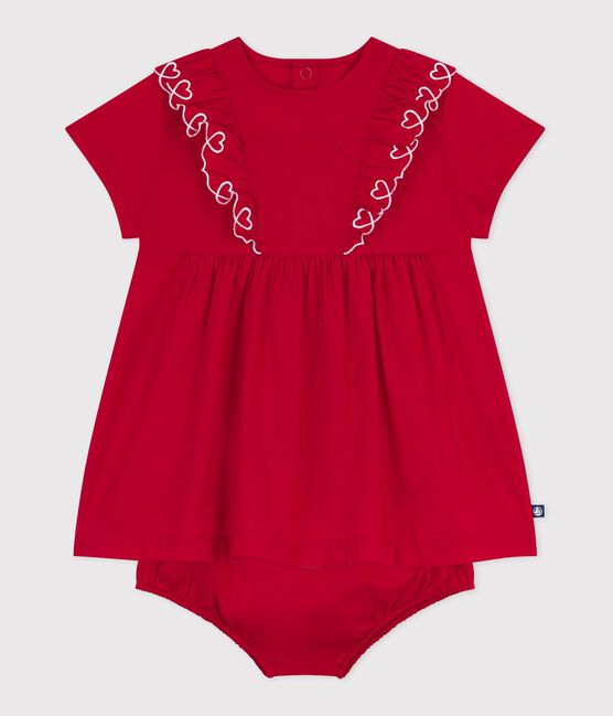 Kurzärmeliges Babykleid aus einfarbiger Baumwolle und dazu passender Bloomer rot TERKUIT