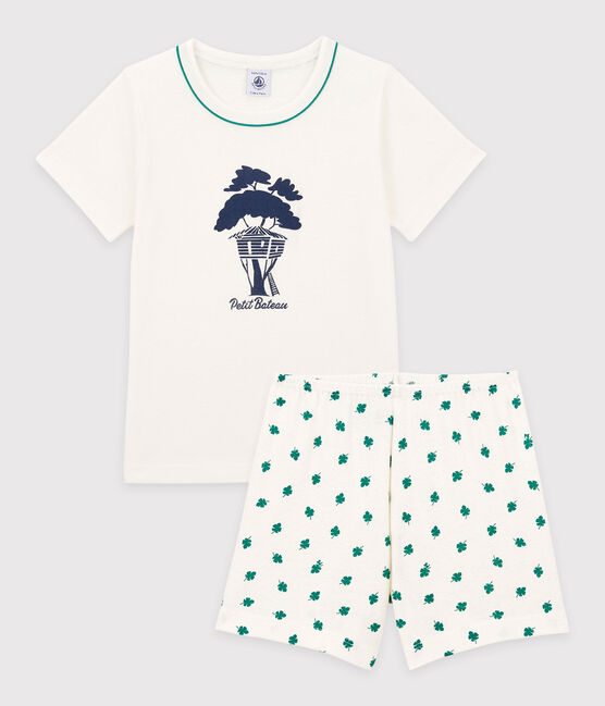 Kinder-Kurzpyjama mit Baummotiv aus Leinen und Baumwolle für Jungen weiss MARSHMALLOW/weiss MULTICO