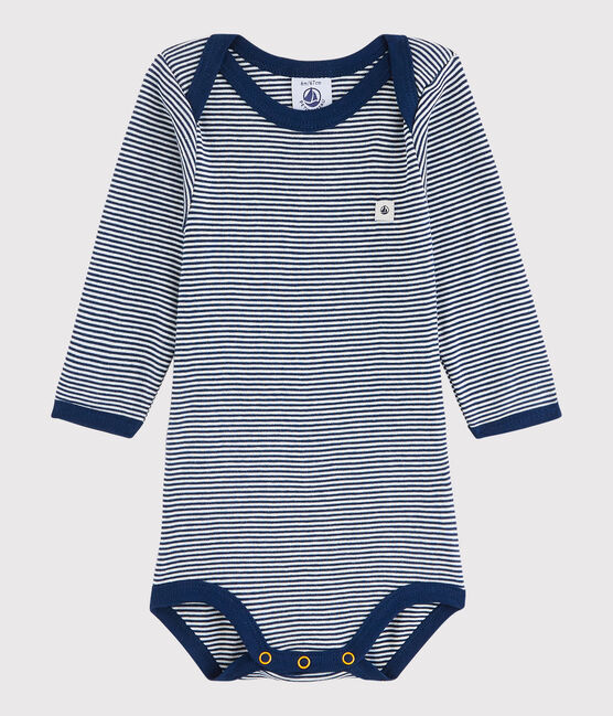 Langärmeliger Baby-Body Mädchen/Jungen blau MEDIEVAL/weiss MARSHMALLOW
