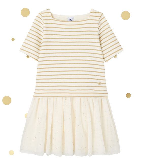Mädchen-Kleid im Materialmix mit Glitzerstreifen beige COQUILLE/gelb LUREX DORE