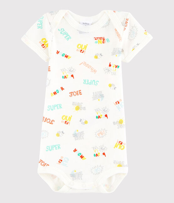 Kurzärmeliger Baby-Body Mädchen/Jungen weiss MARSHMALLOW/weiss MULTICO