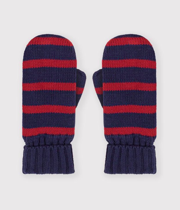 Kinder-F&auml;ustlinge aus Strick mit Streifen und Fleece-Futter blau/rot