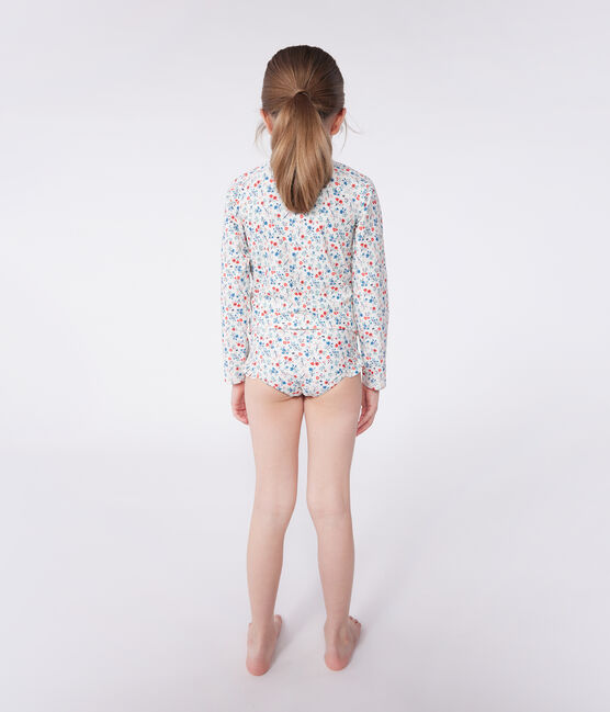 Langärmeliges Kinder Bade-T-Shirt mit UV-Schutz und Blumenmuster weiss MARSHMALLOW/weiss MULTICO