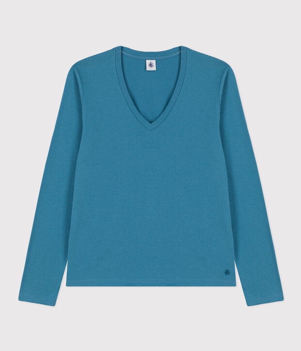 Damen-T-Shirt LE DROIT aus Baumwolle mit V-Ausschnitt blau