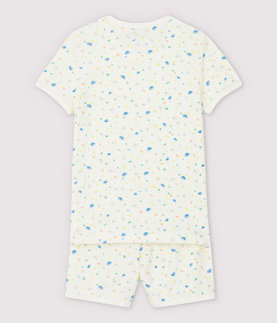 Kinder-Kurzpyjama aus Baumwolle und Leinen mit kleinen Blumen für Mädchen weiss MARSHMALLOW/weiss MULTICO