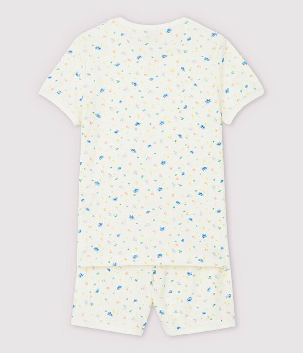 Kinder-Kurzpyjama aus Baumwolle und Leinen mit kleinen Blumen f&uuml;r M&auml;dchen weiss/vielfarbig