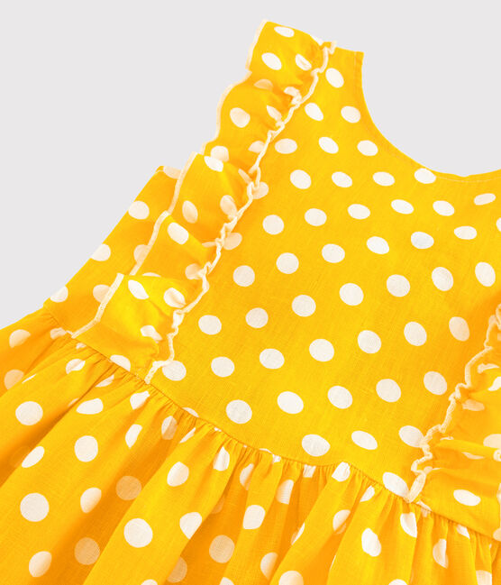 Kurzärmeliges Kinder-Kleid aus Leinen für Mädchen gelb SHINE/weiss MARSHMALLOW