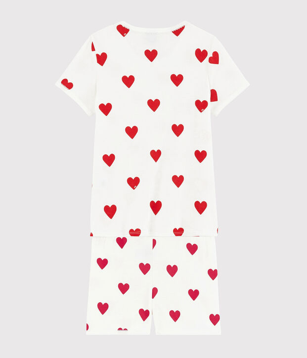 Kinder-Kurzpyjama aus Baumwolle mit Herzmotiv f&uuml;r M&auml;dchen weiss/rot