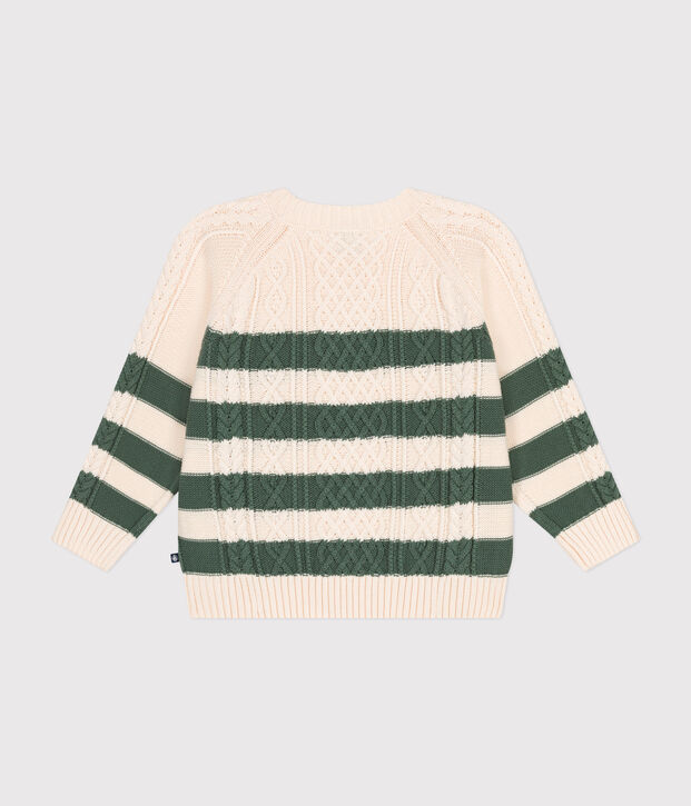 Irischer Kinderpullover mit Streifen aus Baumwolle naturfarben/gr&uuml;n