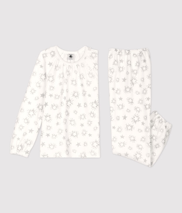 Kinderpyjama aus Nicki mit Sternen-Print f&uuml;r M&auml;dchen weiss/grau