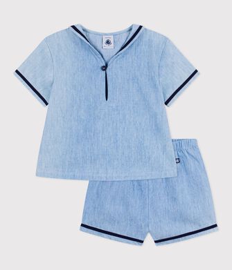 2-teiliges Baby-Set aus Chambray, T-Shirt mit Matrosenkragen