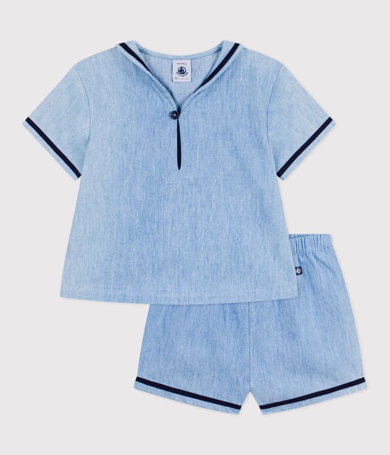 2-teiliges Baby-Set aus Chambray, T-Shirt mit Matrosenkragen blau