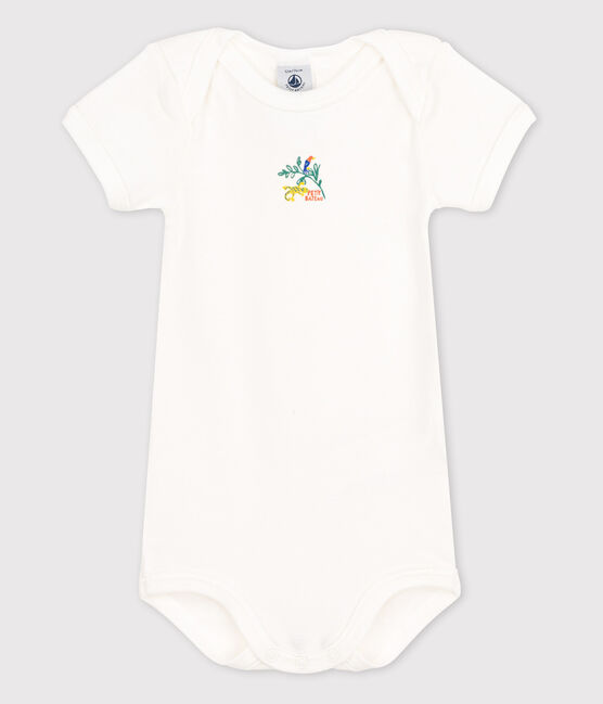 Kurzärmeliger Baby-Body weiss MARSHMALLOW/ VERT