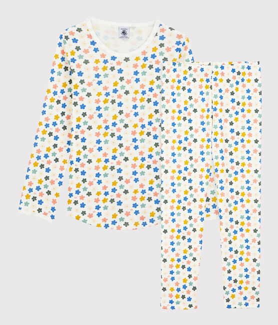 Kinderpyjama aus Baumwolle mit phosphoreszierenden Blumen für Mädchen weiss MARSHMALLOW/weiss MULTICO