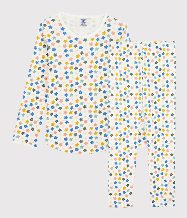 Kinderpyjama aus Baumwolle mit phosphoreszierenden Blumen f&uuml;r M&auml;dchen weiss/vielfarbig