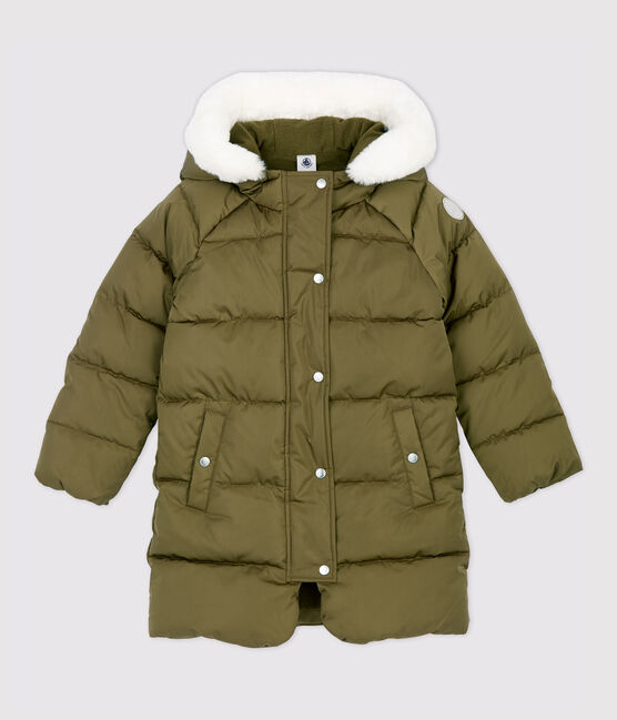 Lange, gefütterte Kinder-Winterjacke für Mädchen grün MILITARY