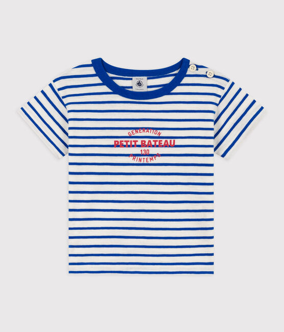 Kurzärmeliges, gestreiftes Baby-T-Shirt aus Baumwolle weiss MARSHMALLOW/blau PERSE