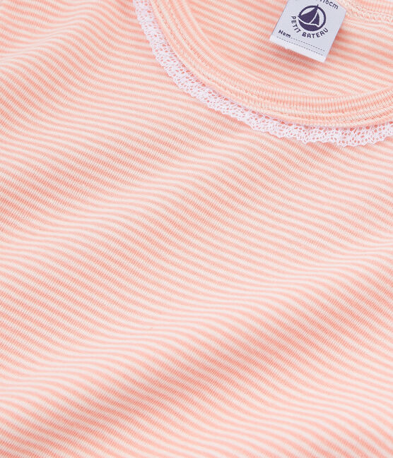 Kurzärmeliger Rippstrick-Pyjama für kleine Mädchen rosa ROSAKO/weiss MARSHMALLOW